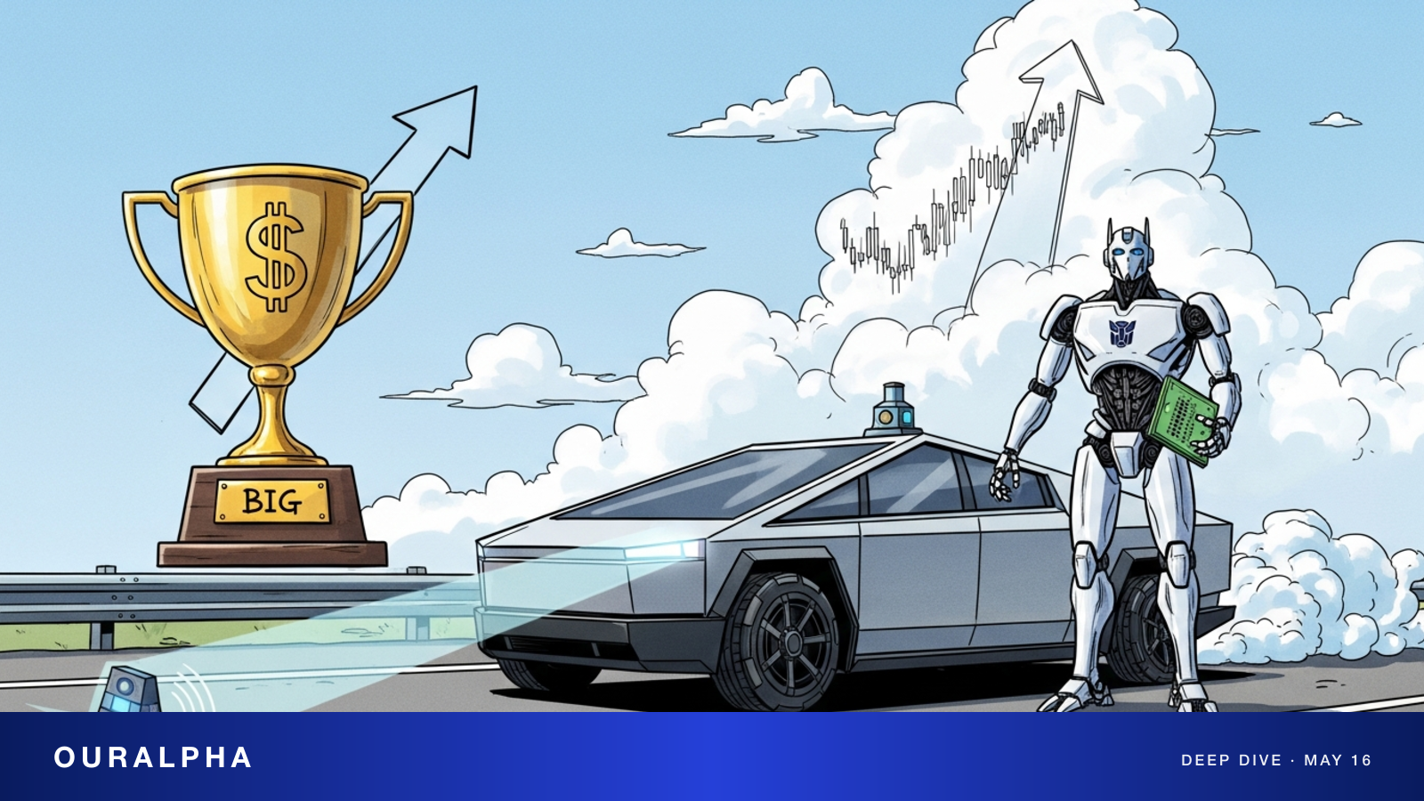 特斯拉 TSLA 深度分析封面：Musk 漫画风像 × Robotaxi × Optimus × FSD 三线产业符号 — OurAlpha