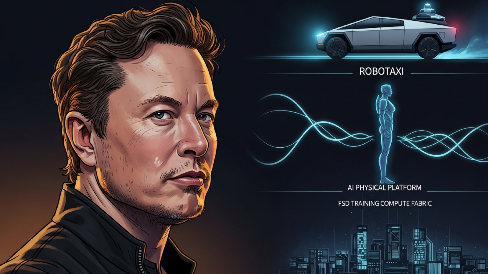 特斯拉 TSLA 深度分析封面：Musk 漫画风像 × Robotaxi × Optimus × FSD 三线产业符号 — OurAlpha