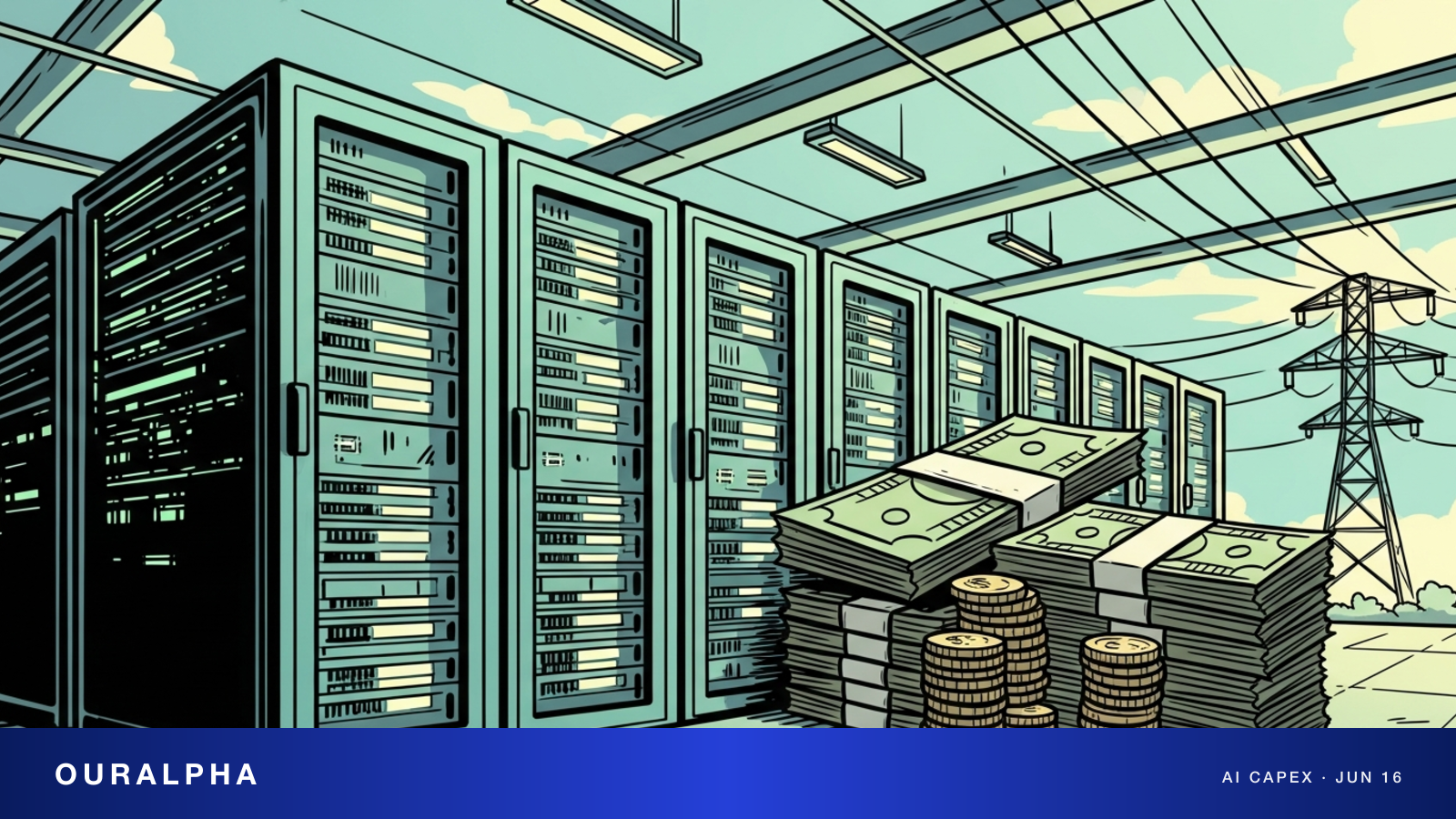 Data center servers alongside stacked dollar bills, illustrating Amazon's $17.5 billion loan and AI capital expenditure