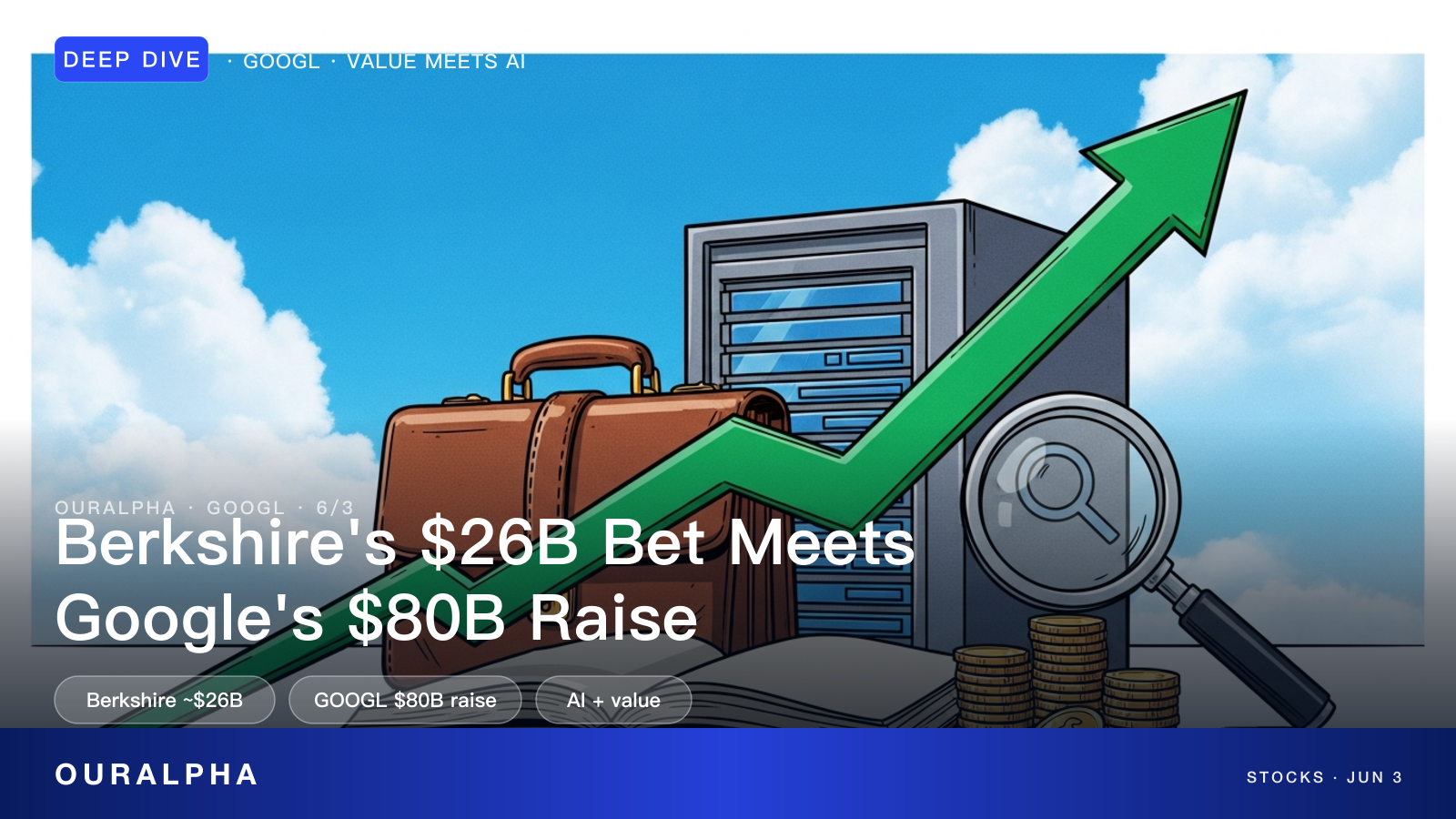 Berkshire Hathaway and Alphabet logos against a stock chart backdrop