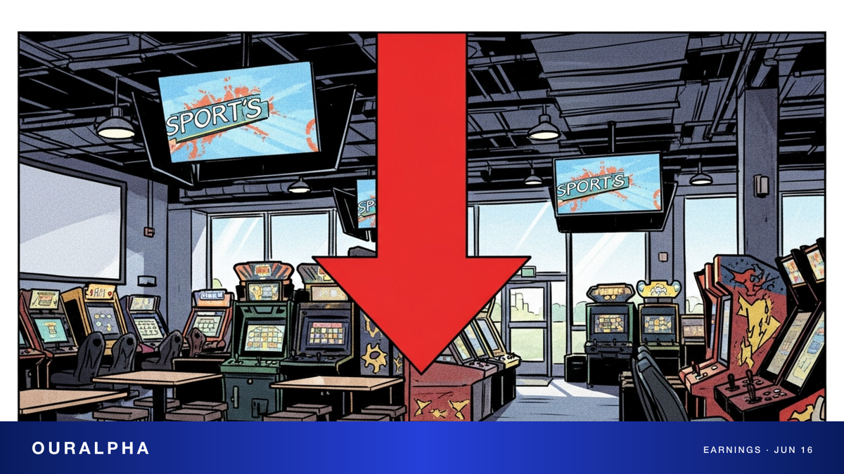 Dave & Buster's财报下跌示意，游艺餐饮门店与下行箭头