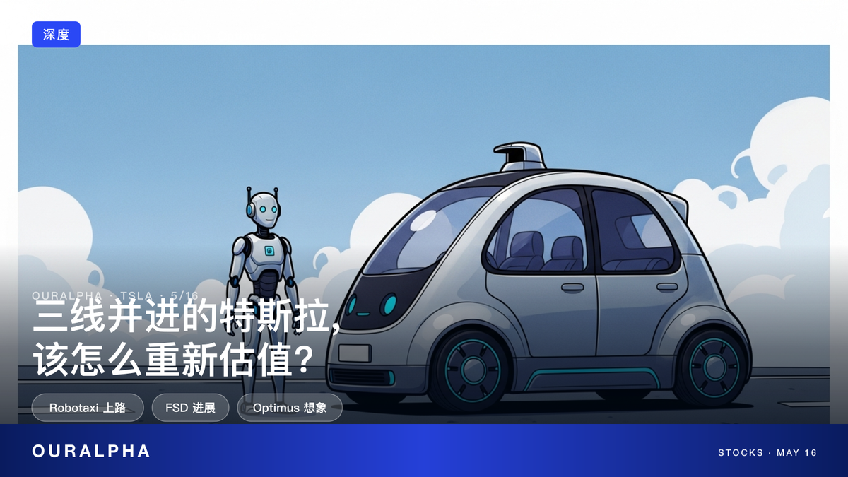 特斯拉 TSLA 深度分析封面：Musk 漫画风像 × Robotaxi × Optimus × FSD 三线产业符号 — OurAlpha
