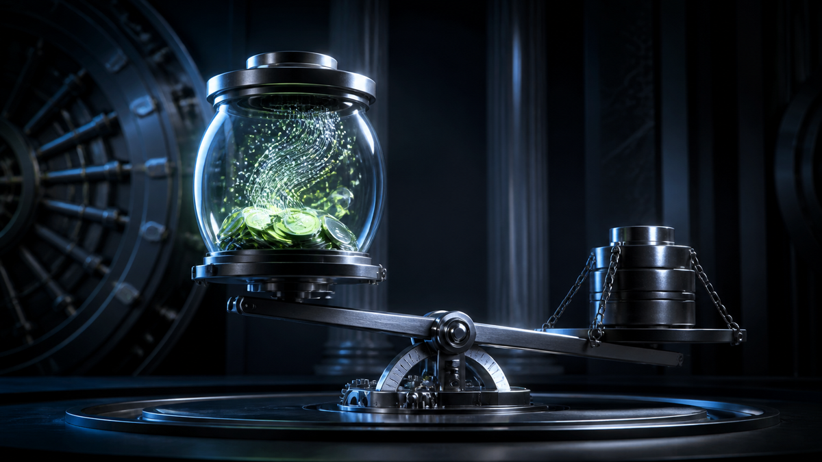 深色电影感金融数据金库中，玻璃健康储蓄账户容器连接金属收益率齿轮，冷蓝光与少量酸橙光交错