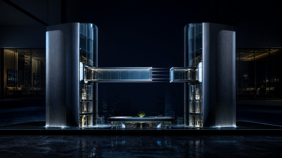 深色电影感交易大厅中，两座金属商业建筑之间的玻璃收购桥正在回撤，象征Wendy’s并购溢价消退