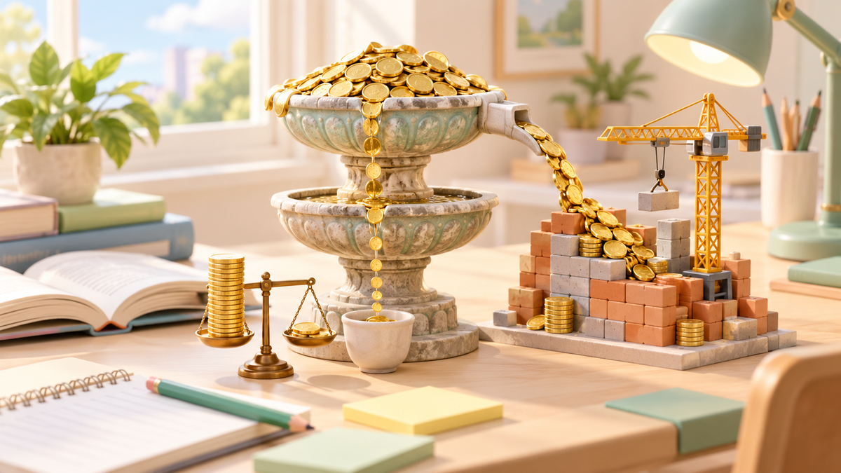 暖色调书桌微缩 3D 教育场景，一座双层硬币喷泉顶部堆满金色硬币，一部分金币经由侧边链条流向旁边一座积木搭建的建筑工地和一台玩具塔吊，只有细细一道硬币落入喷泉下方一个素色小瓷杯中，旁边摆着一架托着硬币的小天平