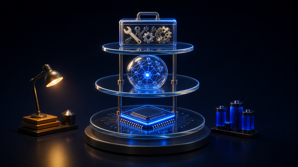 AI 概念股三层结构：芯片算力、模型核心与应用工具的深色 3D 教育插画