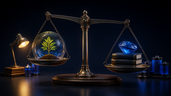 成长股与价值股对比：天平上的成长树苗与价值宝石的深色 3D 教育插画