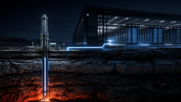 深色电影感3D地热井塔向数据中心输送蓝白能量，象征Fervo与Google的地热购电协议